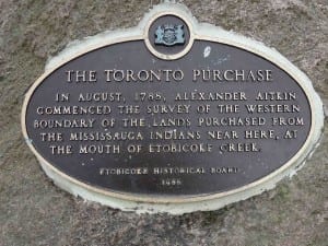Text of Toronto Purchase plaque at Marie Curtis Park