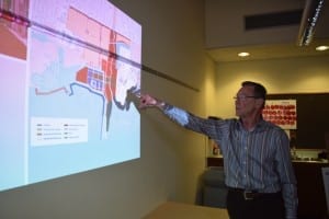 In presentation at the Long Branch Library on April 18, 2015, Jim Tovey points out features of the Lakeview Waterfront Connection Project. Jaan Pill photo