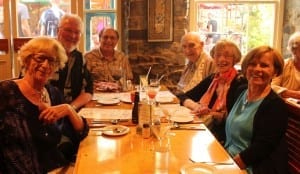 Lunch at Chez Piggy's, Kingston, August 2015. Left to right: Maureen  ("my lady," notes Tim), Bill Ott, Tim, Bob Saul, Betty Saul, Dawn Ott.