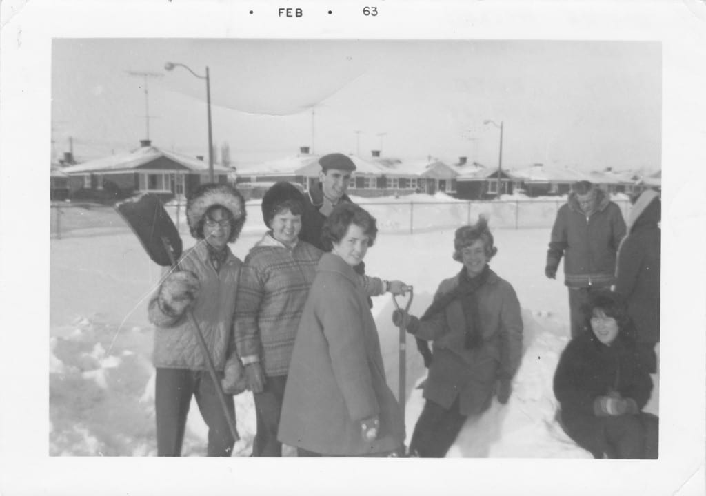Left to right: Sandra Holden. Lynn Smiley, Barry Levitt – the only boy in 11C, Myrna Ramsay, Joan Skelcher, Arleen Smith (sitting). In the background are Heather Locke and teacher Mr. Doig. Source:  Arleen Smith 