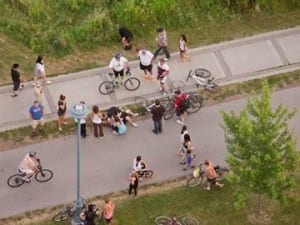 Palace Place resident Robin Clay shot this photograph from his window July 27 around 8:30 p.m. after two cyclists collided on the trail. Paramedics transported one cyclist to hospital. Many Humber Bay Shores and Mimico residents charge cyclist collisions happen routinely on the trail. They are asking the city to implement safety measures, such as signs or speed humps, to slow some cyclists down. Source: Aug. 6, 2015 insidetoronto.com article cited at the post you are now reading