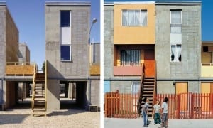 Photo from Jan. 2016 Guardian article (see link at this post). In Iquique, Chile, Aravena provided a concrete frame, with kitchen, bathroom and a roof (left), which were designed to allow families to fill in the gaps (right). Photograph: Cristobal Palma