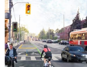 The image if the proposed Bio-Directional Bike Lane along Lake Shore Blvd. West, between Norris Crescent and First Street in Ward 6, is from the Biking Toronto post referenced at the page you are now reading.