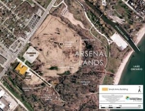Aerial view of Arsenal Lands, taken some time after the demolition of the Small Arms Ltd. munitions plant. The yellow building is the Small Arms building. The parking lot that was in place just east of the Small Arms building has since been removed. Featured in the June 17, 2016 Mississauga News article, the photo is from the Toronto and Region Conservation Authority.