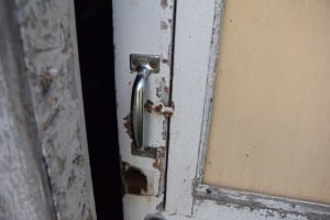 Doorknob at shed door has been destroyed.