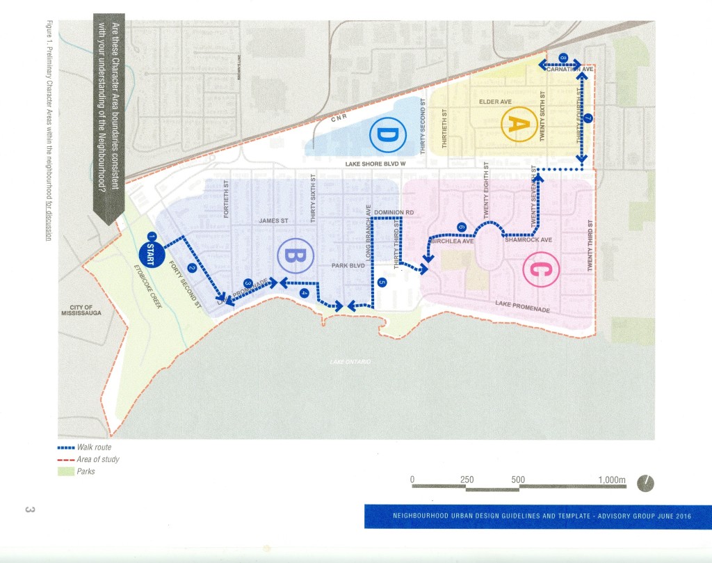Map of Preliminary Character Areas within the neighbourhood, presented for purposes of discussion among the Community Advisory Group. Source: Long Branch Neighbourhood Walking Tour Workbook