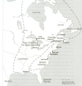 The History of Montréal: The Story of a Great North America City (2007) also features a map (p. 41) of the French Empire in North America as it appeared in 1712. The next year, 1713, marked the first step, through the Treaty of Utrecht, the caption on p. 42 notes, in the dismantling of the empire. Click on the image to enlarge it; click again to enlarge it further.