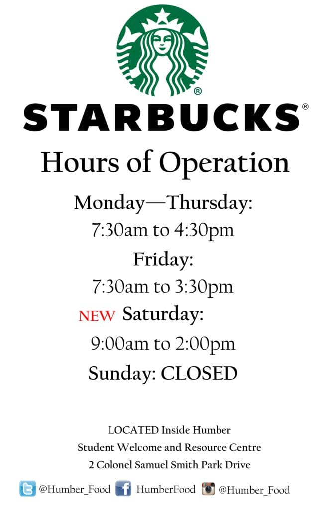 New Starbucks Hours 11 x 17- Lakeshore Campus