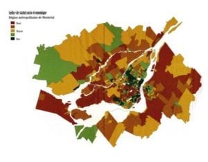 Figure 9: Socio-Economic Status Index – Montréal Metropolitan Region, 1991 This map shows the socio-economic status of census tracts in 1991. Red = High; Orange = Medium-high; Yellow = Medium; Light green = Medium-low; Dark green = Low. 