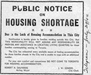Public Notice on Housing Shortage July 29, 1944 City of Toronto Archives Series 361, Subseries 1, File 566