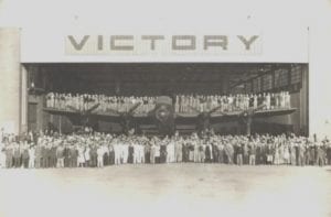 Workers at the Victory Aircraft Plant in Malton, Ontario celebrating the roll out of KB799, the one hundredth Canadian built Lancaster. Source: The Canadian Lancasters webpage/