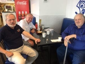 Left to right, Scott Munro, Daniel McPhail, and Bob Carswell meeting for lunch in south Etobicoke early in June 2017. Jaan Pill photo