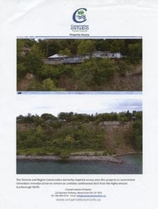 The Conservation Ontario handouts on Oct. 17, 2017 included a page with two photos concerned with property access, that the Toronto and Region Conservation Authority required, in order "to recommend immediate remedial action to remove an unstable cantilevered deck from the highly erosive Scarborough Bluffs."