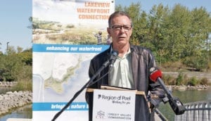 Jim Tovey speaking at event connected with the Lakeview Waterfront Connection Project. Photo source: Credit Valley Conservation website