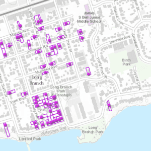 Screenshot of online City of Toronto Heritage Register map, accessed April 18, 2018. The map indicates that many of the houses on the May 5, 2018 Long Branch Jane's Walk route, discussed at the post you are now reading, are listed as heritage properties.
