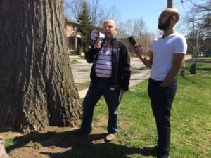 MPP Peter Milczyn highlights recently designated, 200-year-old red oak Heritage Tree at corner of Park Blvd. and Long Branch Ave., during May 5, 2018 Long Branch Jane's Walk. Jaan Pill photo