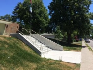 View of new main entrance stairs, one of many new, recently constructed landscape features at École élémentaire Micheline-Saint-Cyr, 85 Forty First St. in Long Branch. Jaan Pill photo