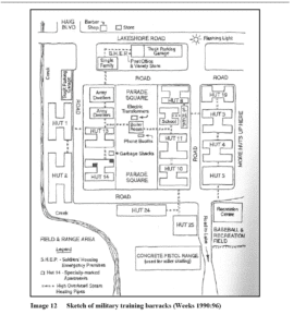 Screen shot of Image 12, Sketch of military training barracks, p. 35, from archaeological assessment (report of July 25, 2013) of Lakeview Waterfront Connection Project. Click on image to enlarge it; click again to enlarge it further.