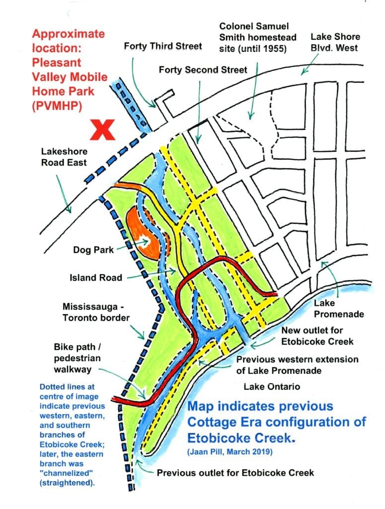 Map indicating location off former Pleasant Valley Mobile Home Park (PVMHP) in Mississauga (formerly known as Toronto Township). Source: Jaan Pill, March 2019
