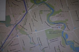 The image is from a screen grab (using a digital camera) of a Google Map image from the Lake Iroquois Shoreline link accessible at the post you are now reading. The blue line at the right shows where the Iroquois Lake shoreline was located, in the area to the west of Old Mill Toronto. 