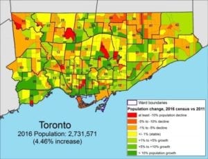 Population change between 2011 and 2016 by percentage by census tract, Toronto. Source: This Census Canada image is available from varied media outlets, including the Urban Toronto article for which a link is provided at the page you are now reading.