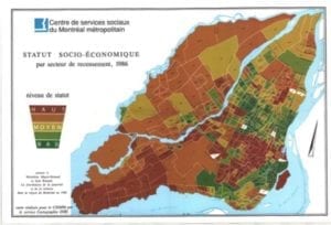 Figure 8: Socio-Economic Status by Census Tract, 1986 This map shows the socio-economic status of census tracts in 1986. Red: High-status; Orange: Medium-high status; Olive: Medium status; Light green: Medium-low status; Dark green: Low status. 
